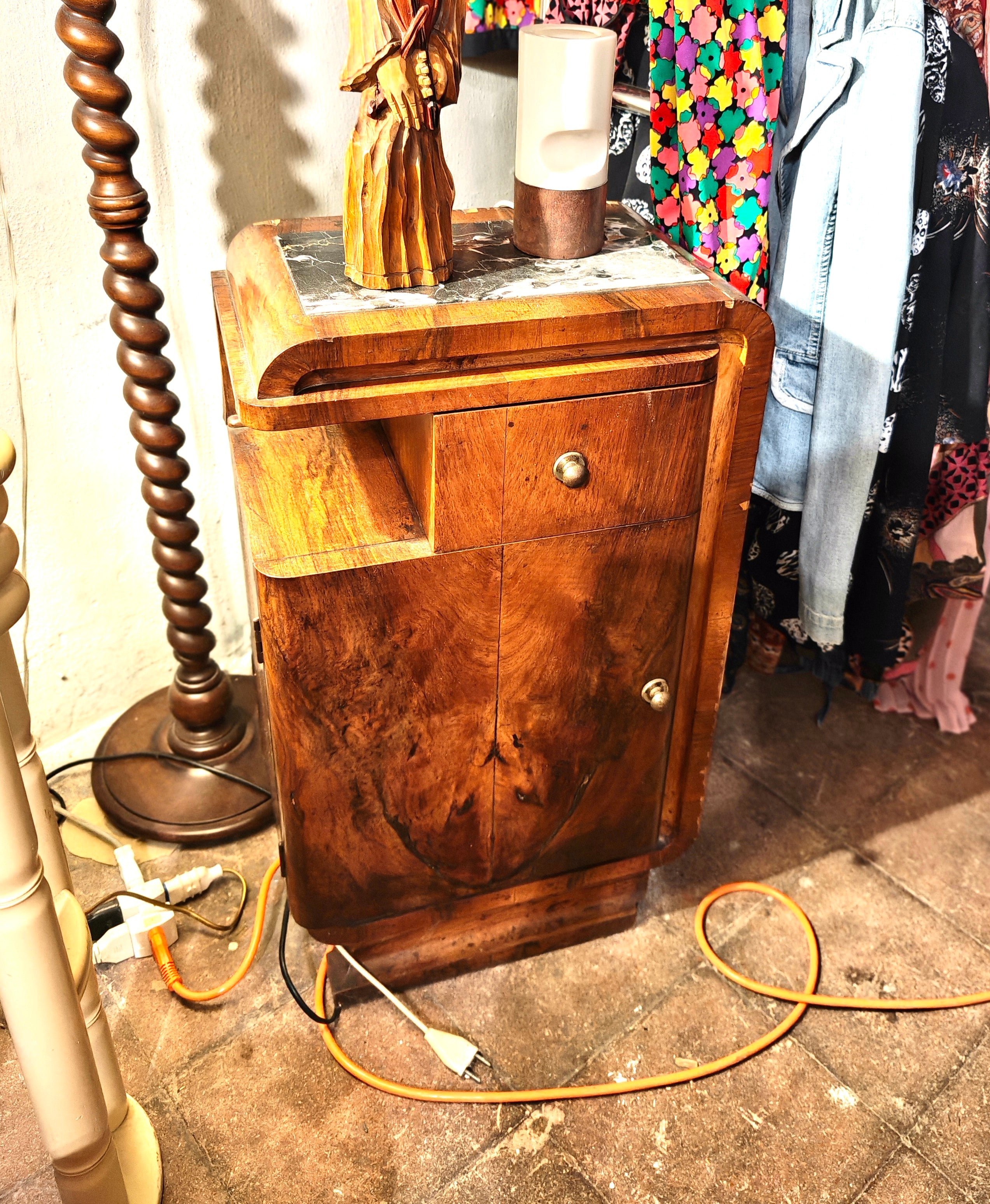Rare Art Deco nightstands, Italy 1930s. Spruce and plywood veneered in walnut root veneer, chrome plated knobs.
