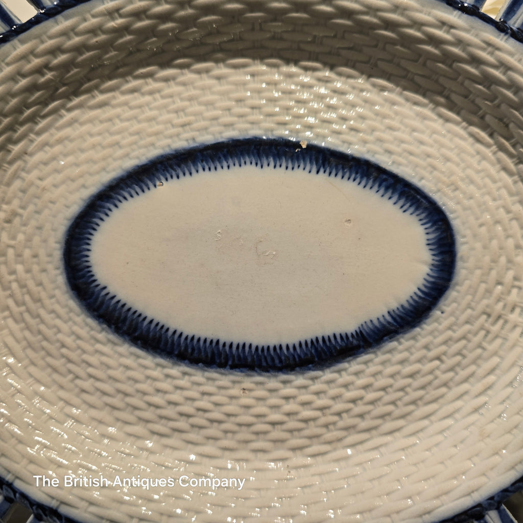 Antique Blue and White Oval Pierced Basketweave Serving Dish