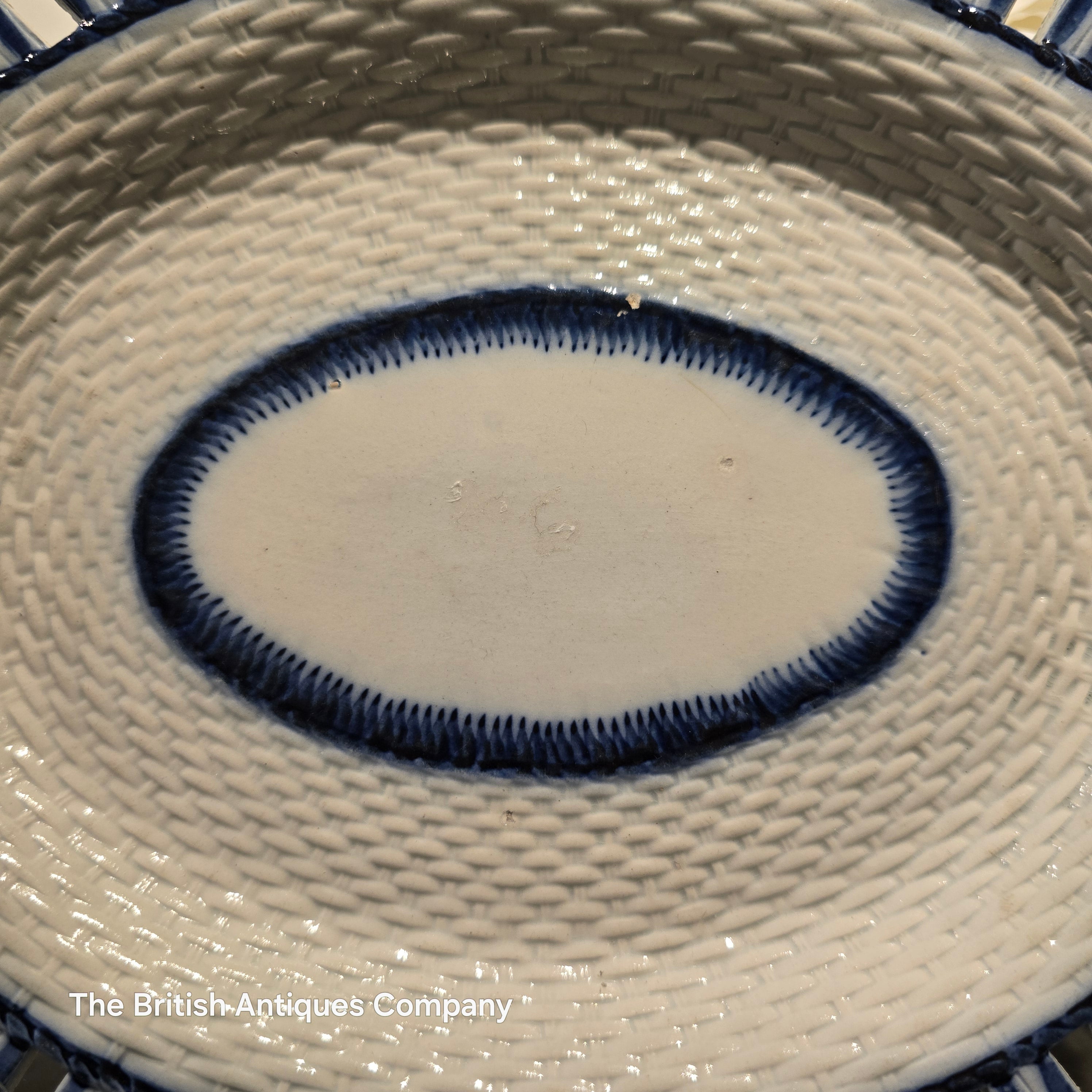Antique Blue and White Oval Pierced Basketweave Serving Dish