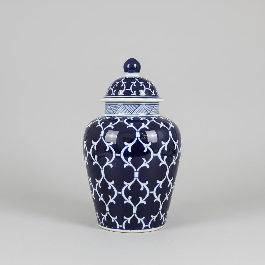 Vintage Blue & White Ceramic Ginger Jar with Domed Lid