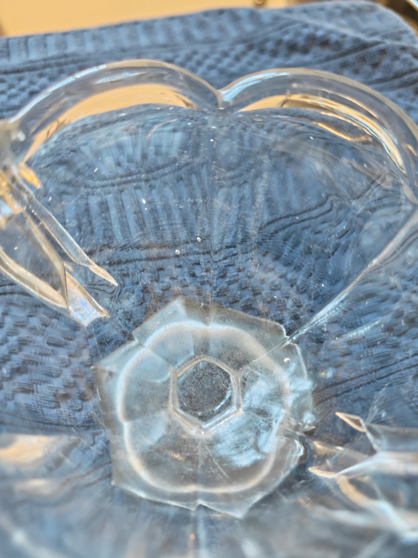 Clear, pressed glass, double-handled celery vase from the Art Deco period, likely part of the 'Chippendale' range manufactured by Davidson Glass.1930