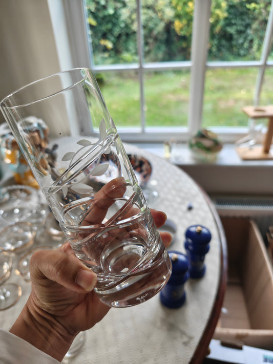 A pair of heavy bottom crystal glass with etching