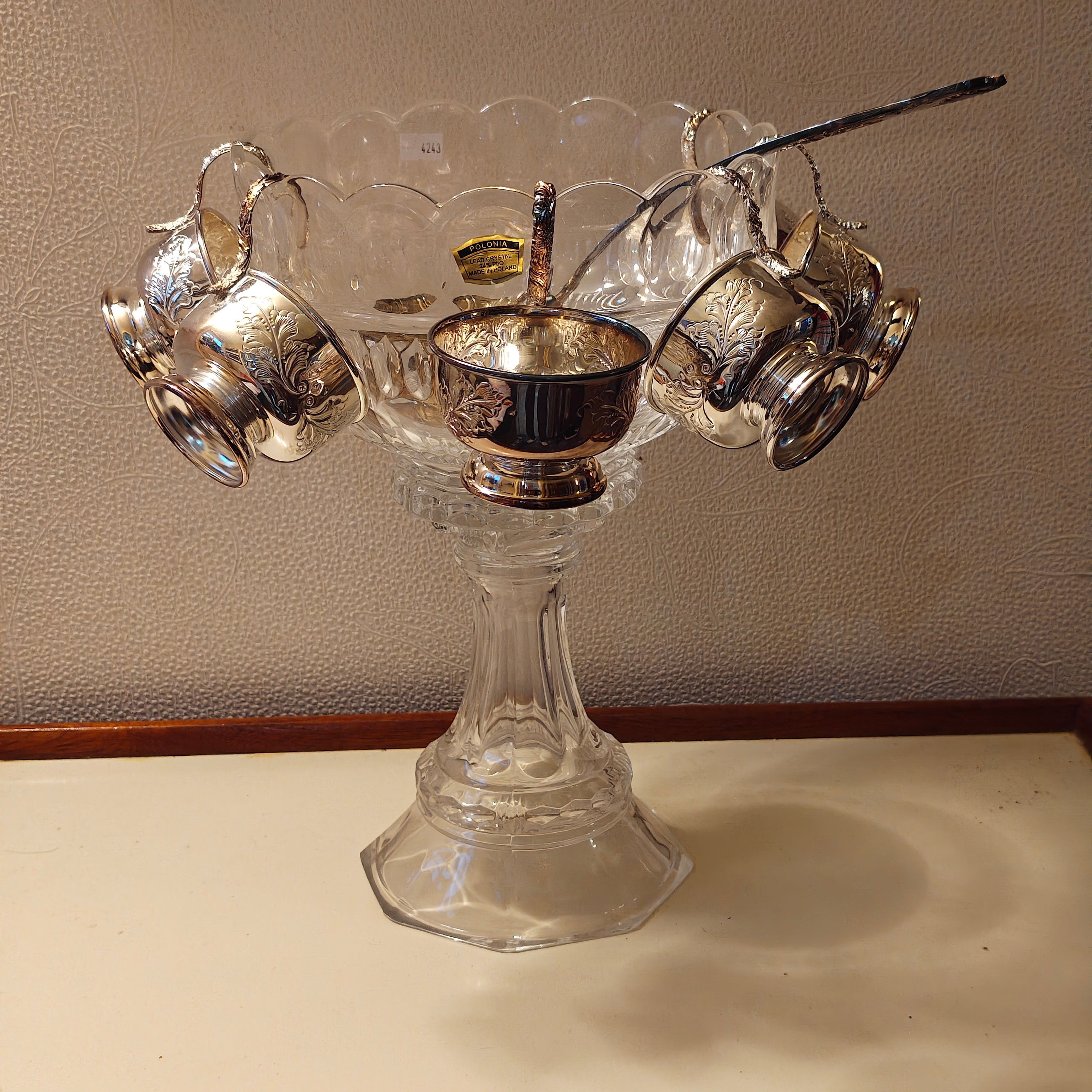 Vintage 1950 high quality hand cut crystal punch bowl on stem feet with 6 X silver plated cup