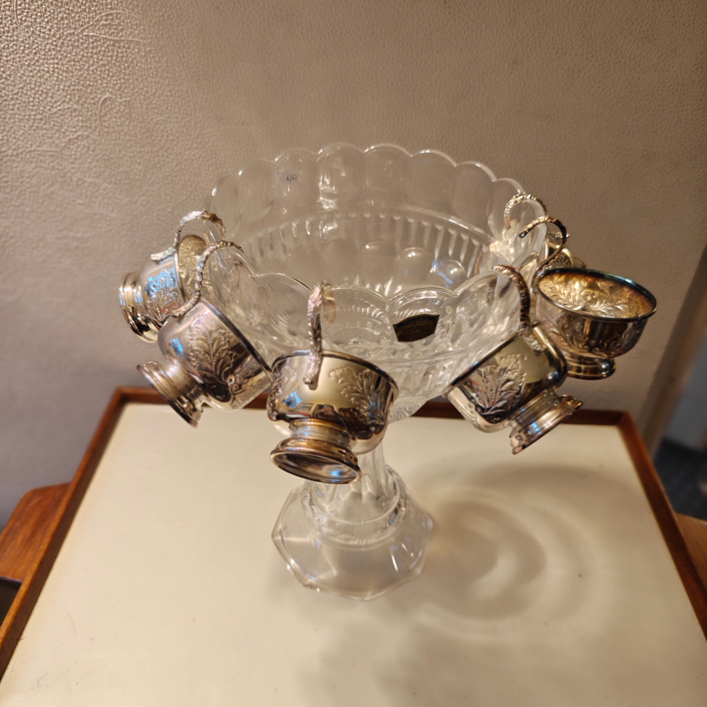 Vintage 1950 high quality hand cut crystal punch bowl on stem feet with 6 X silver plated cup