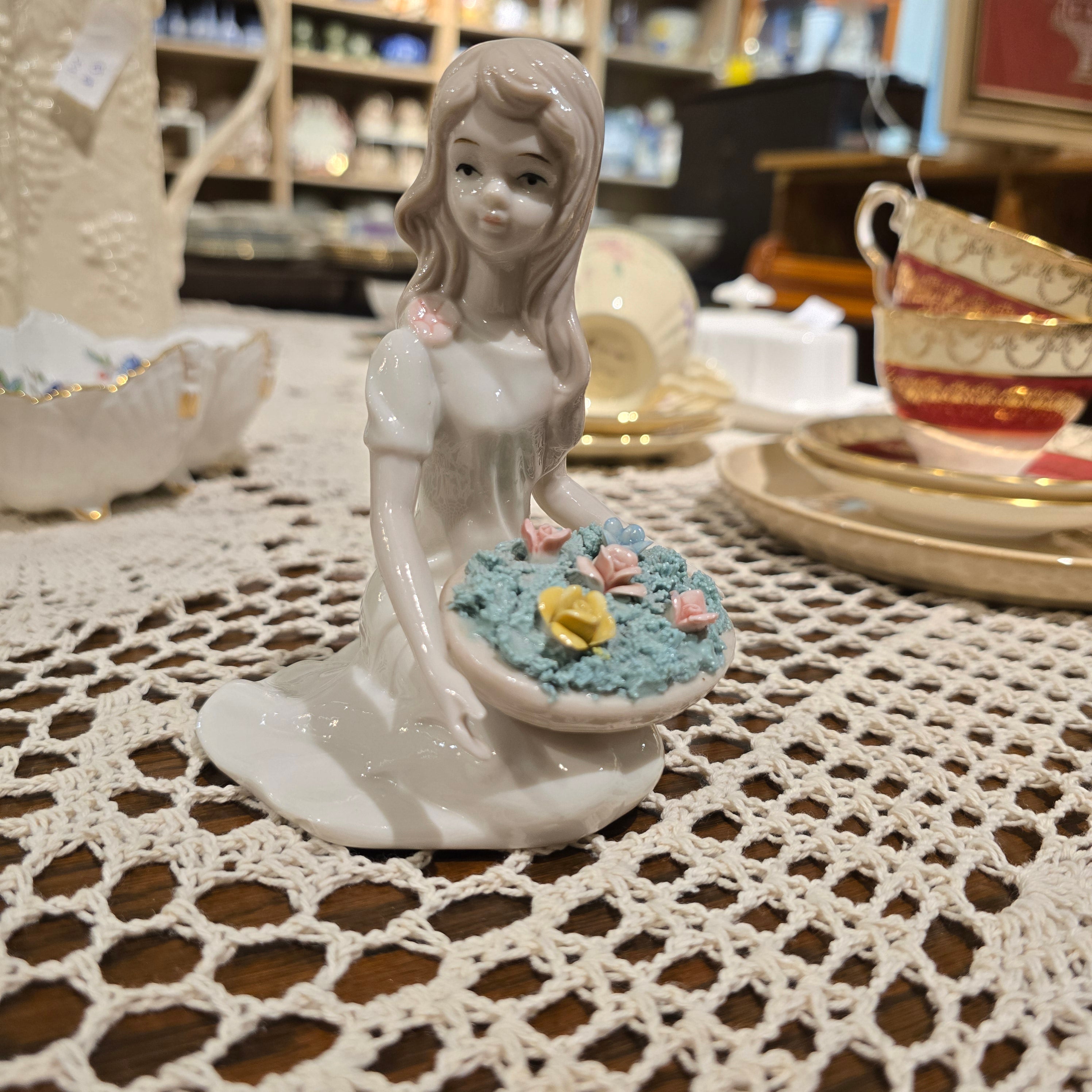 Vintage Little Girl with Pot of Flowers Display Figurine