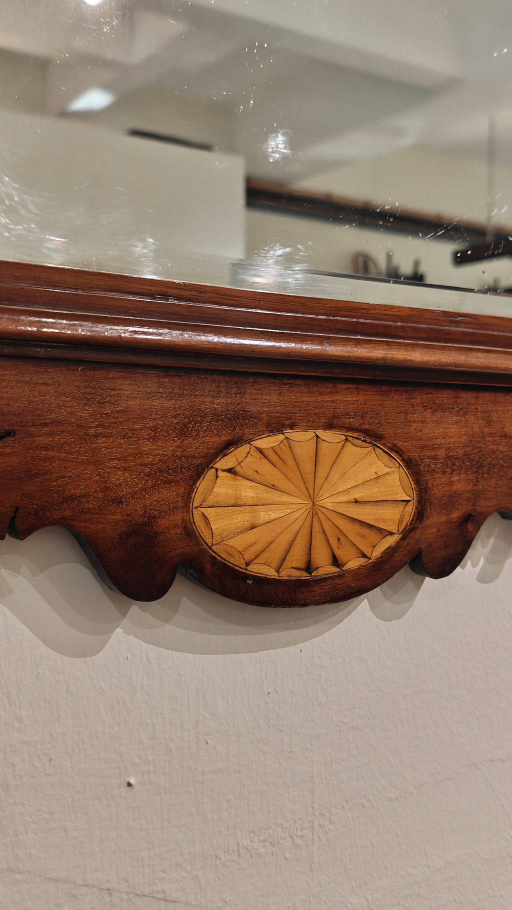 19th Century Mahogany Fret Mirror with Inlaid Shell Patera