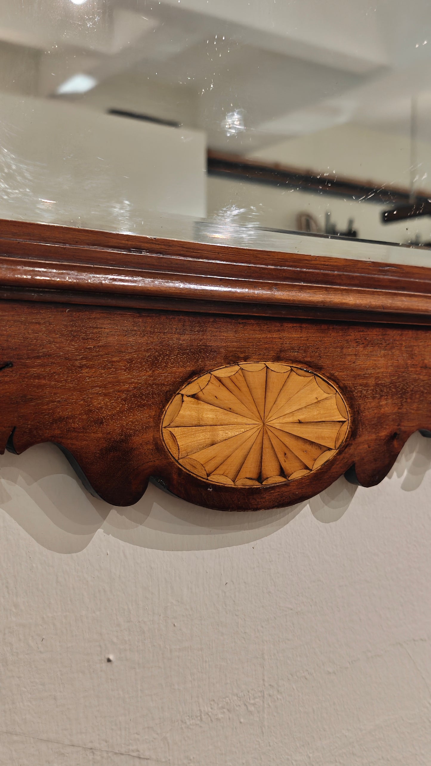 19th Century Mahogany Fret Mirror with Inlaid Shell Patera