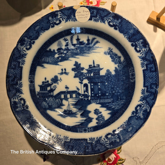 English Blue Transferware Plate, Chinoiserie Landscape, Scalloped Rim, 19th Century