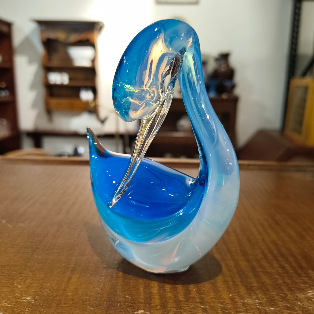 Authentic Vintage Murano Blue Glass Swan Figurine with Original Label