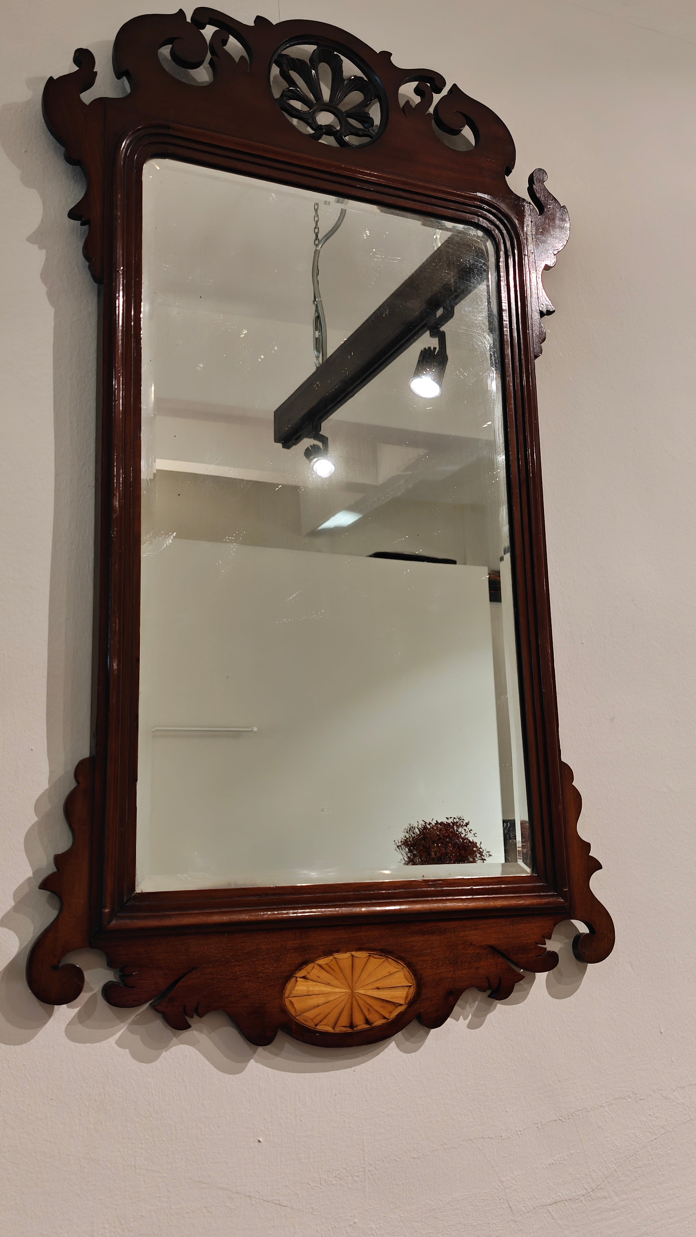 19th Century Mahogany Fret Mirror with Inlaid Shell Patera