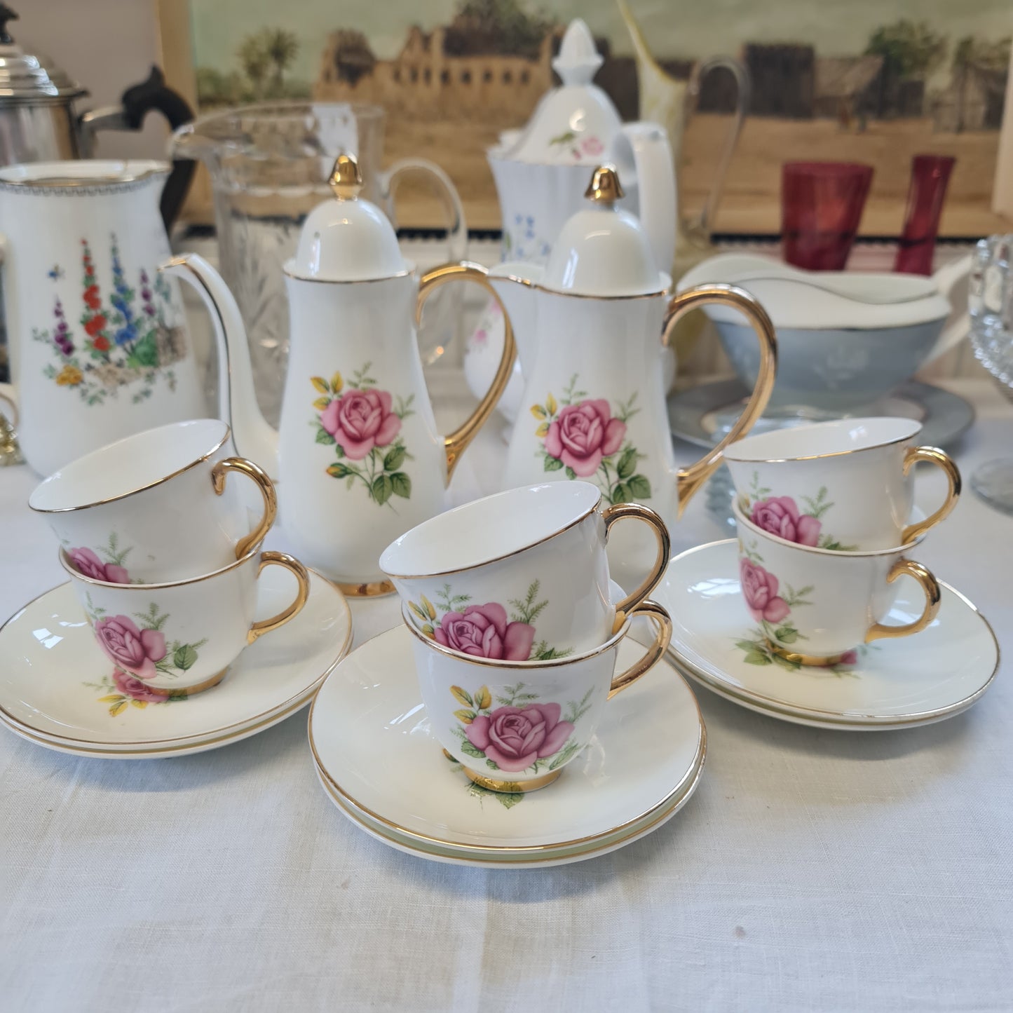 European made Coffee set with pretty pink rose