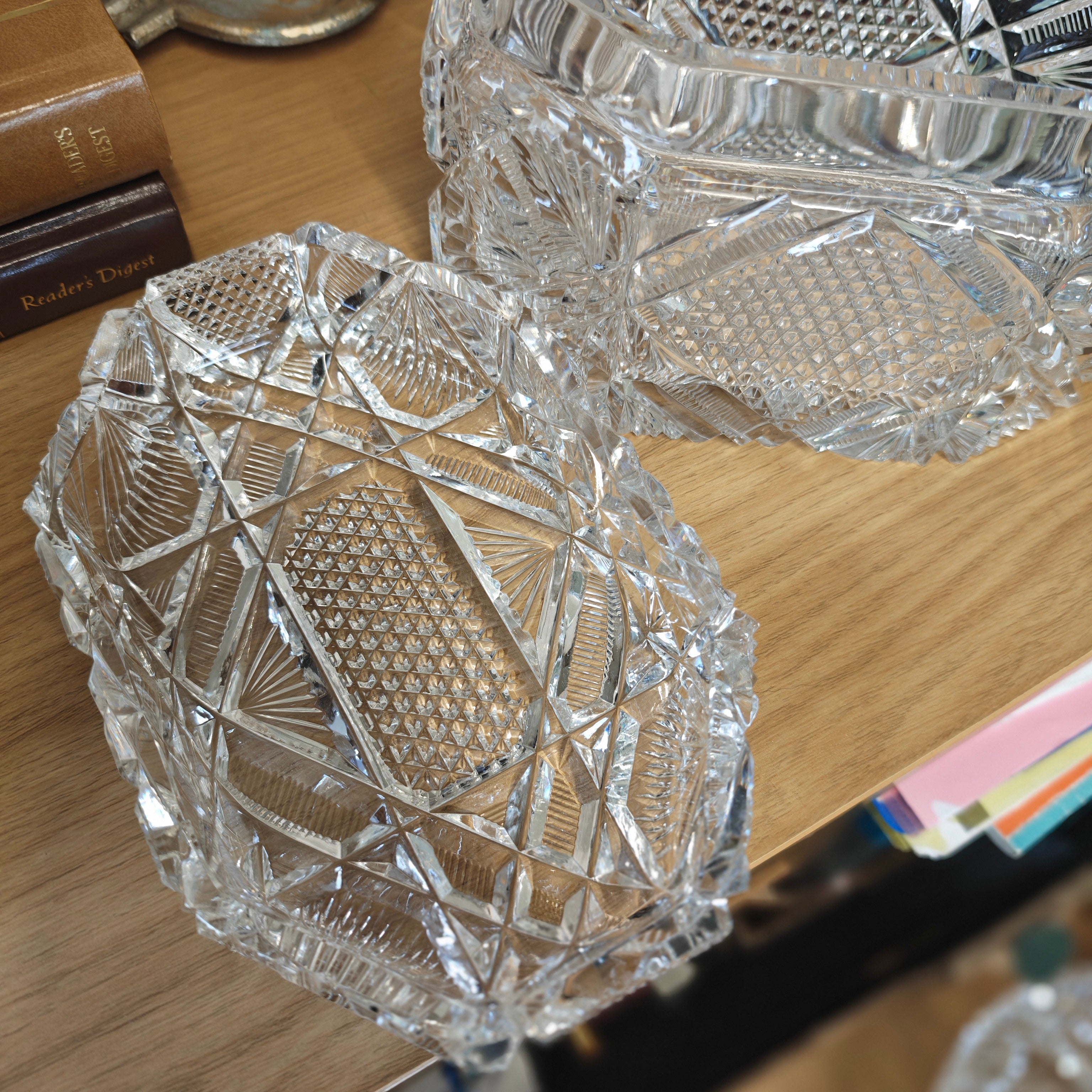 Early 20th-century cut crystal lidded box or bowl, potentially from the American Brilliant Period (ABP) or Bohemian crystal tradition.