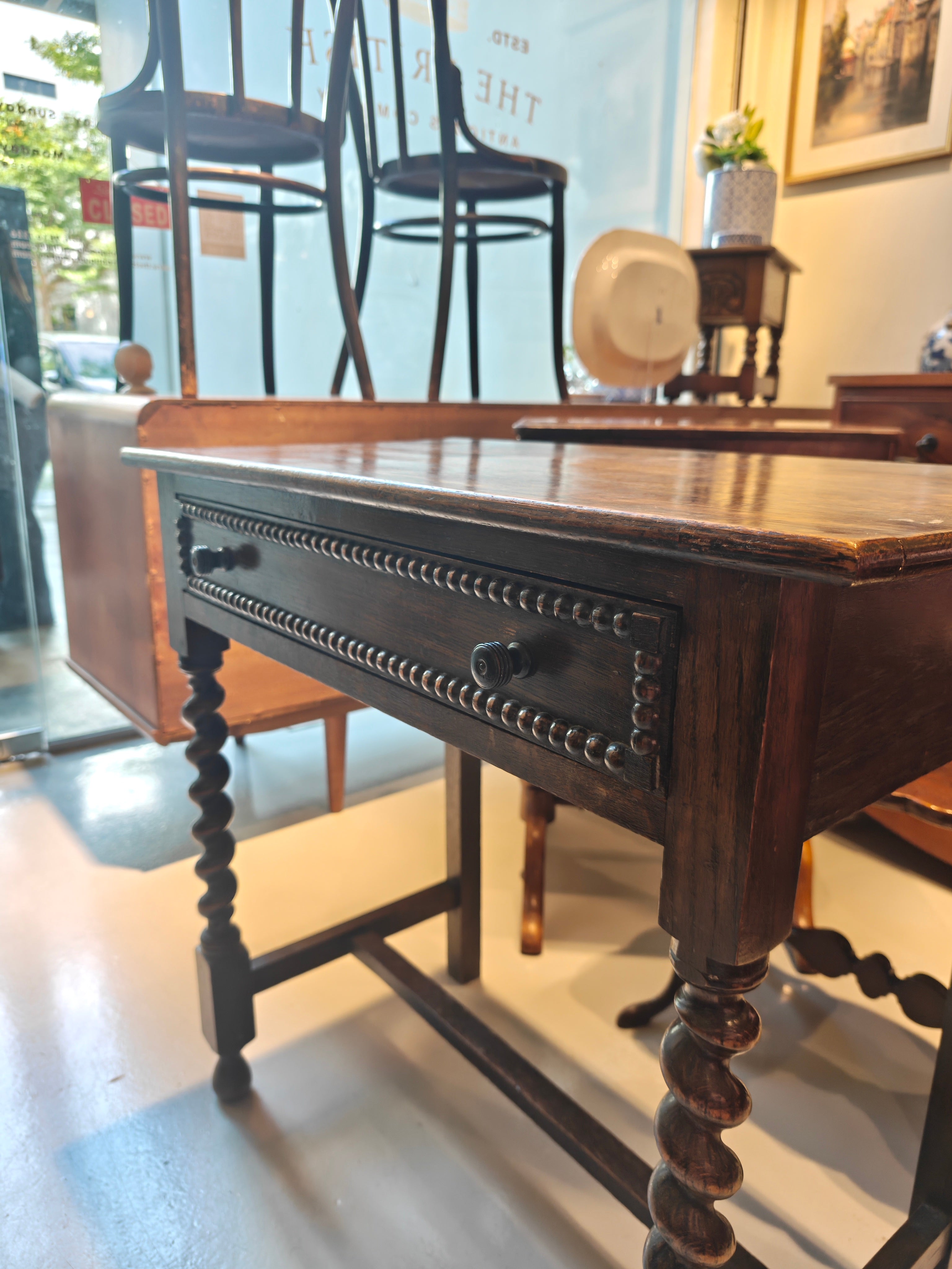 1900s Oak Side Table with Single Drawer & Barley Twist Supports
