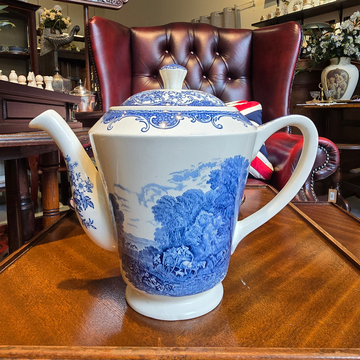 Vintage Royal Tudorware Blue and White Coffeepot, Barker Bros.