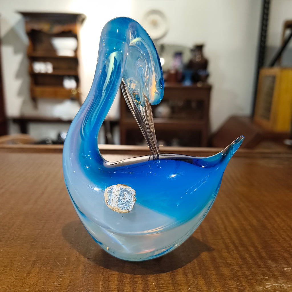 Authentic Vintage Murano Blue Glass Swan Figurine with Original Label