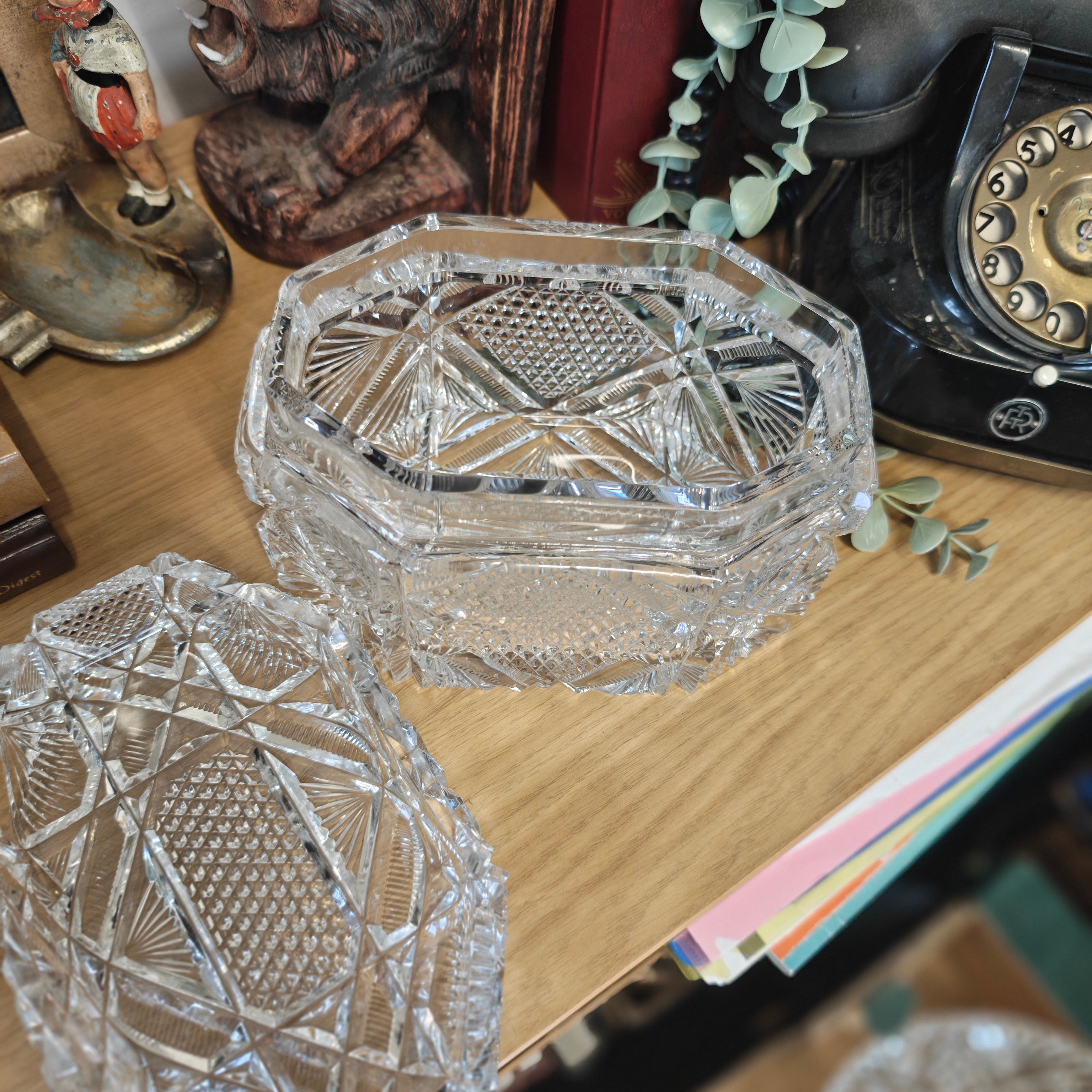 Early 20th-century cut crystal lidded box or bowl, potentially from the American Brilliant Period (ABP) or Bohemian crystal tradition.