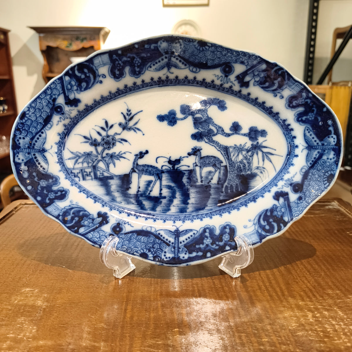 18th Century Chinese Export Blue and White Oval Meat Dish, Deer Motif, c. 1760