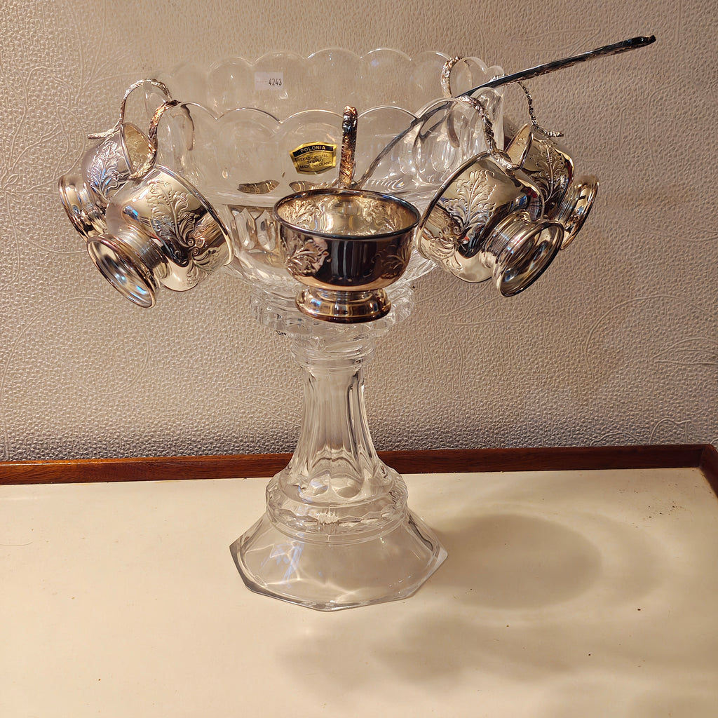 Vintage 1950 high quality hand cut crystal punch bowl on stem feet with 6 X silver plated cup