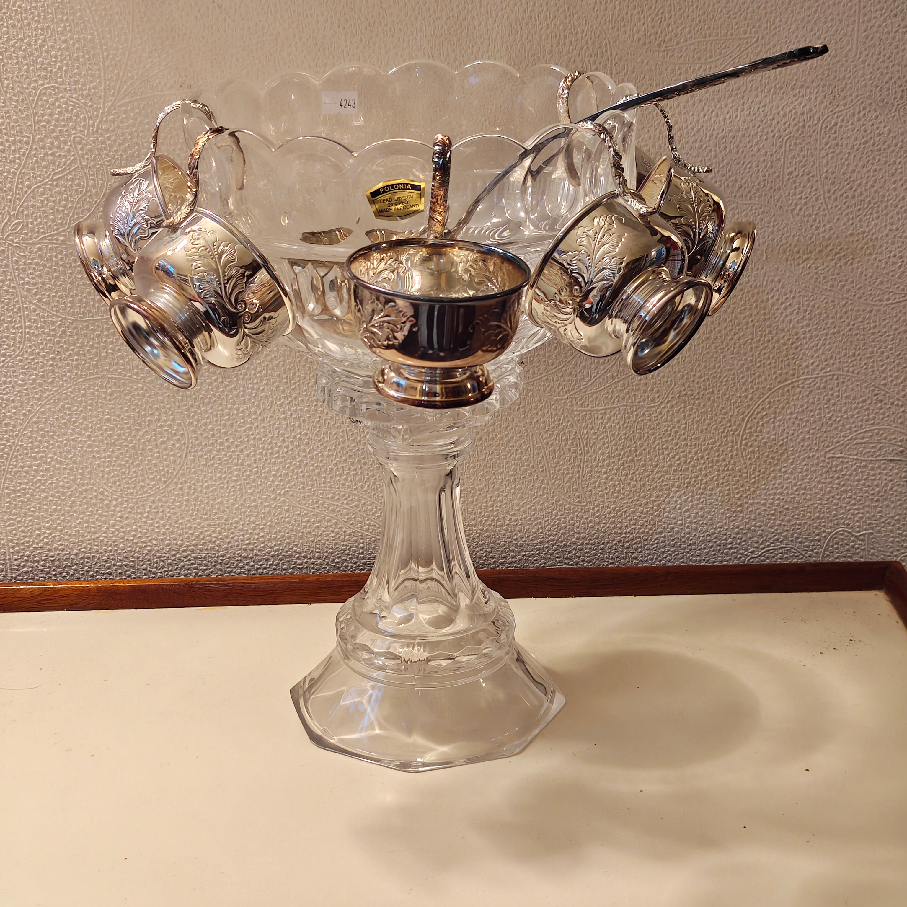Vintage 1950 high quality hand cut crystal punch bowl on stem feet with 6 X silver plated cup