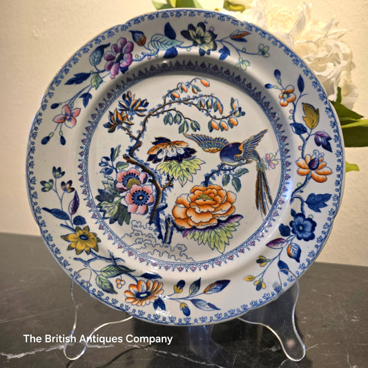 Antique Davenport Stone China Imari Palette Plate - Bird & Floral Design