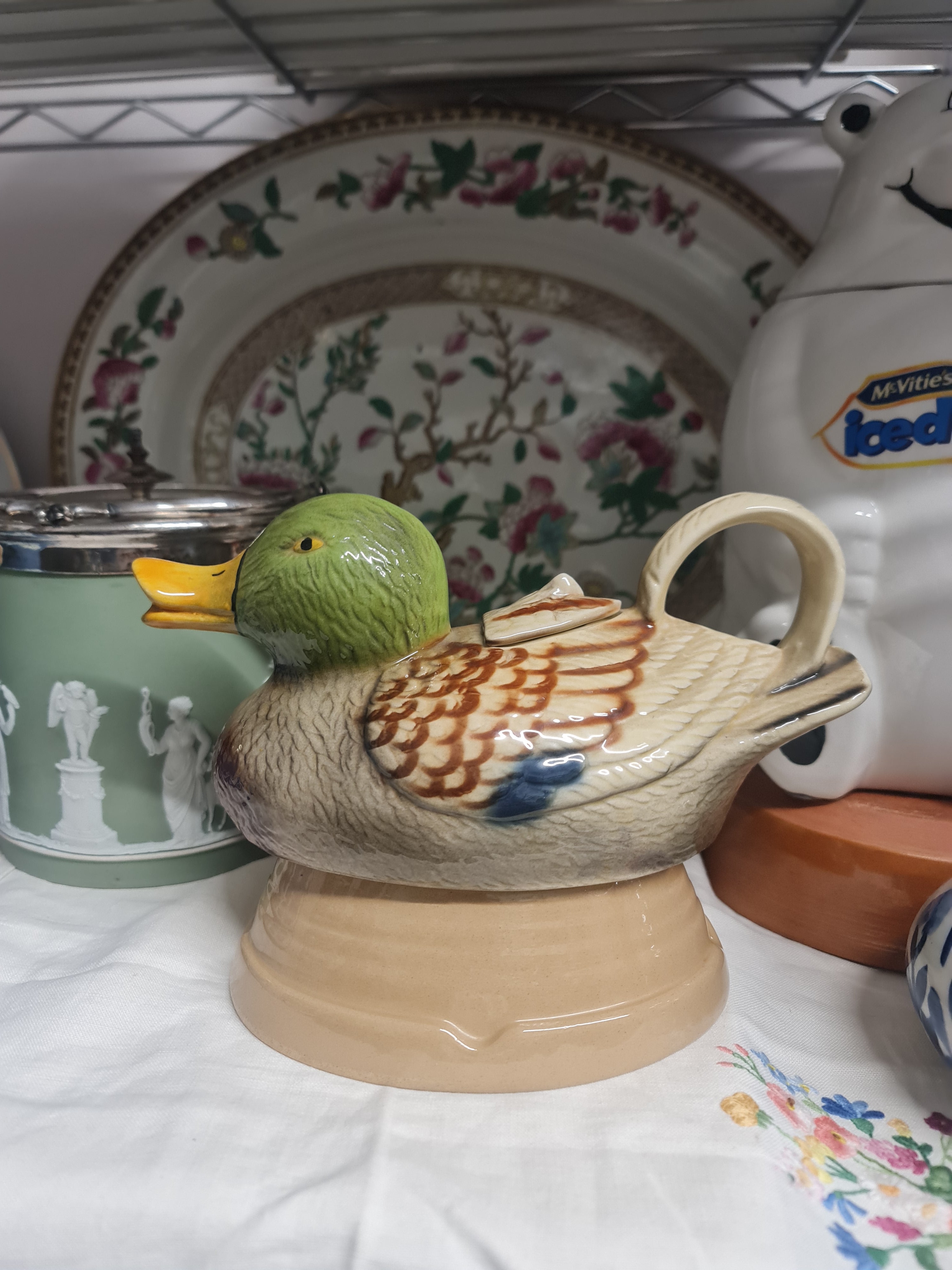 Vintage Tony Wood Porcelain Novelty Teapot Duck Mallard 11cm tall x 21.5cm - VGC