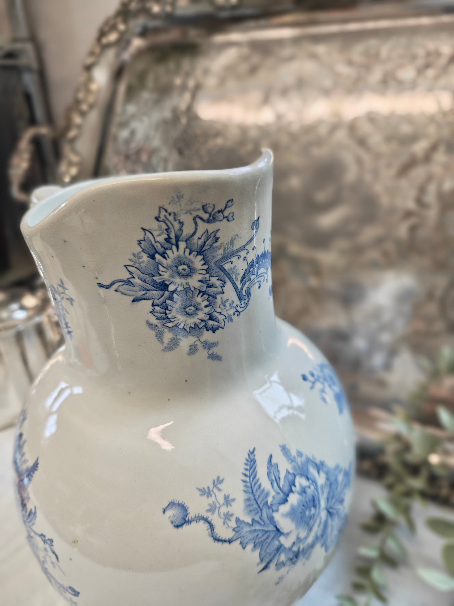 19th french Antique jug with blue transferware