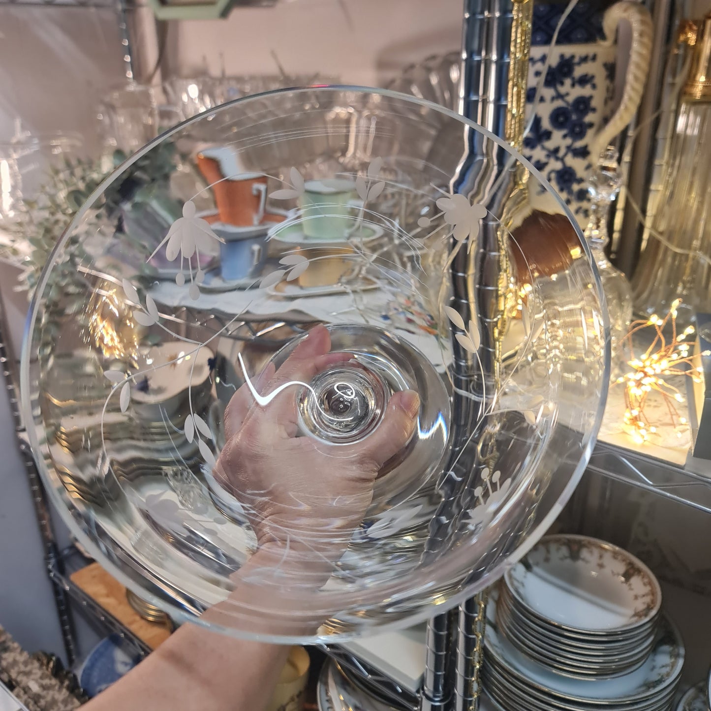 Lovely vintage crystal bowl with hand etching flora