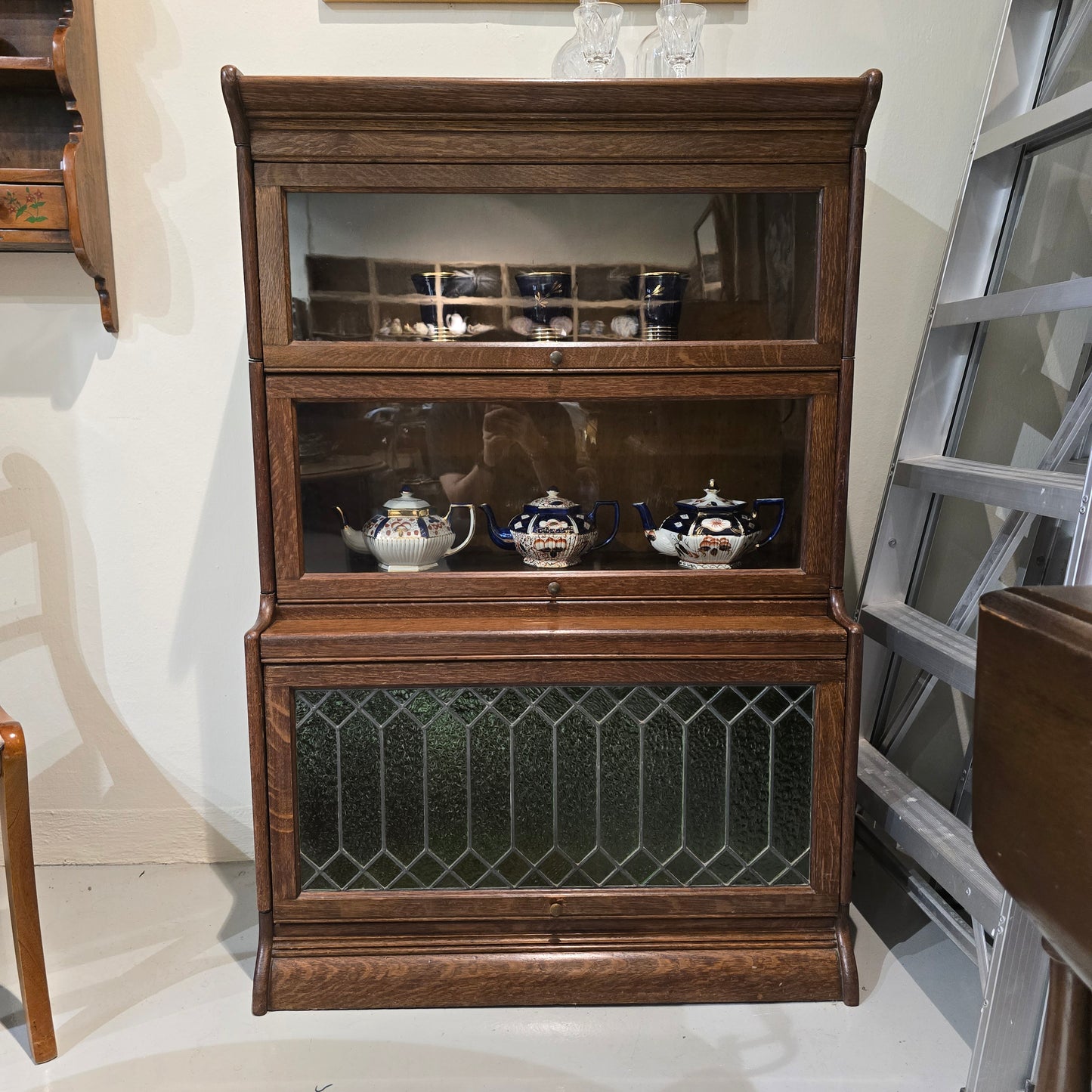 Antique Edwardian Three-Tier Oak Barrister Bookcase with Leaded Glass