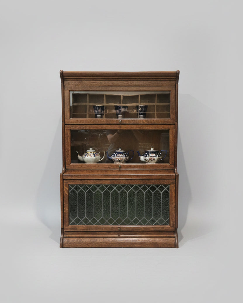 Antique Edwardian Three-Tier Oak Barrister Bookcase with Leaded Glass