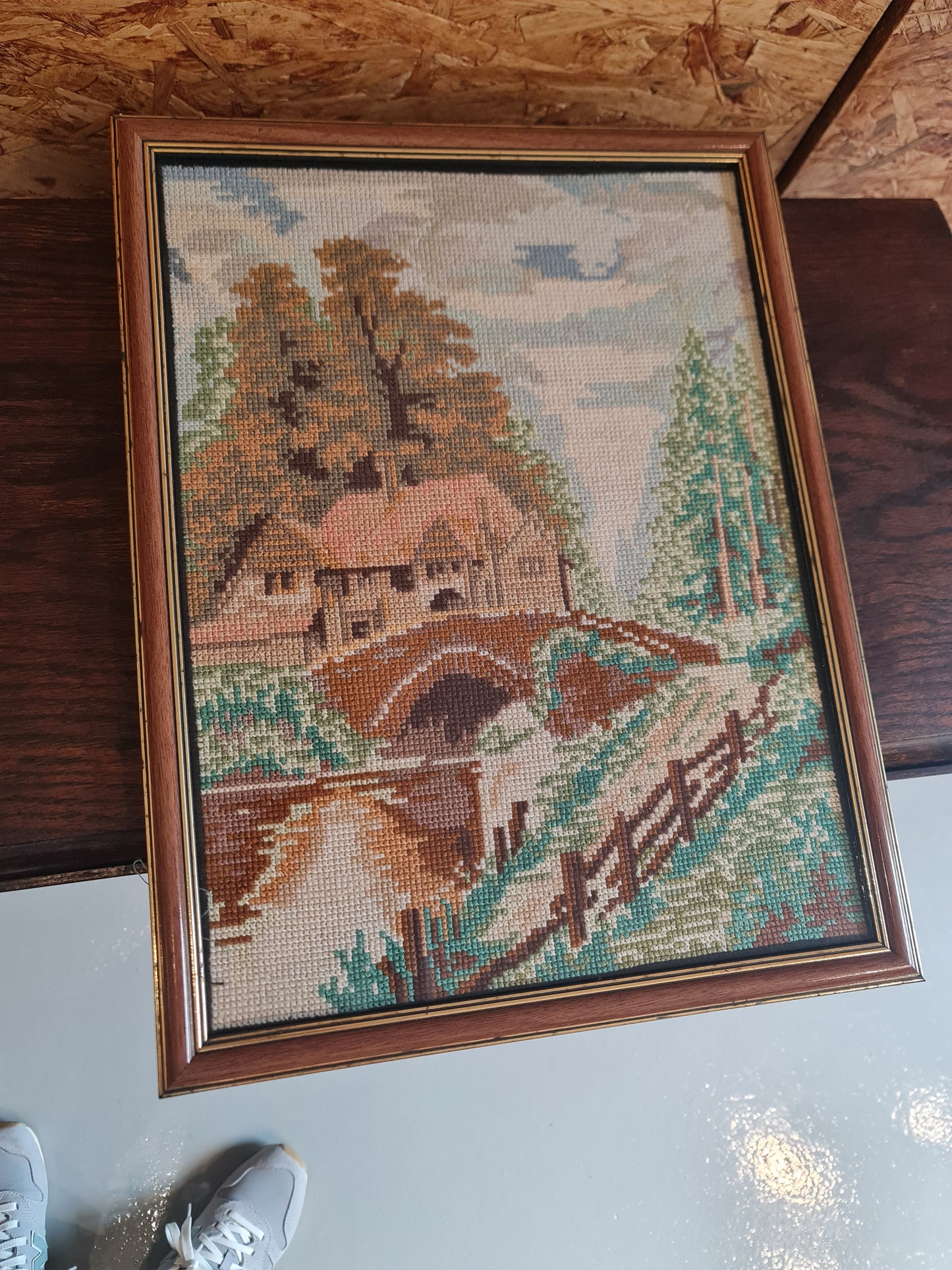 Amazing vintage cross stitches/ needlepoint wall art cottage bridge