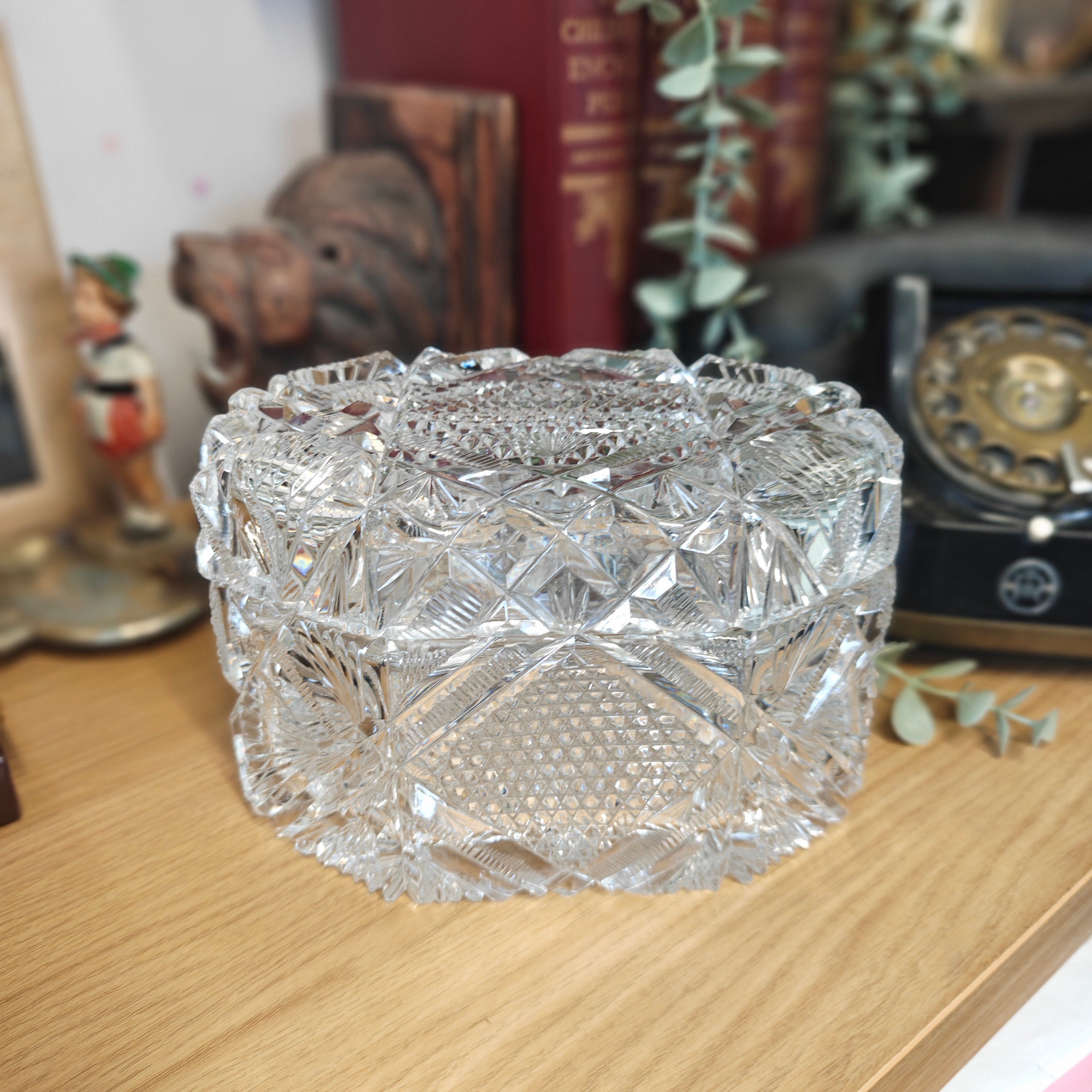 Early 20th-century cut crystal lidded box or bowl, potentially from the American Brilliant Period (ABP) or Bohemian crystal tradition.