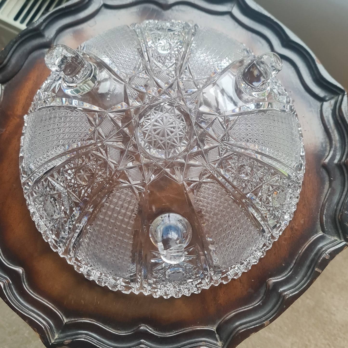 Antique Brilliant Cut Lead Crystal Round Serving Platter w/Hobstar Pattern on foot ( possible waterford)