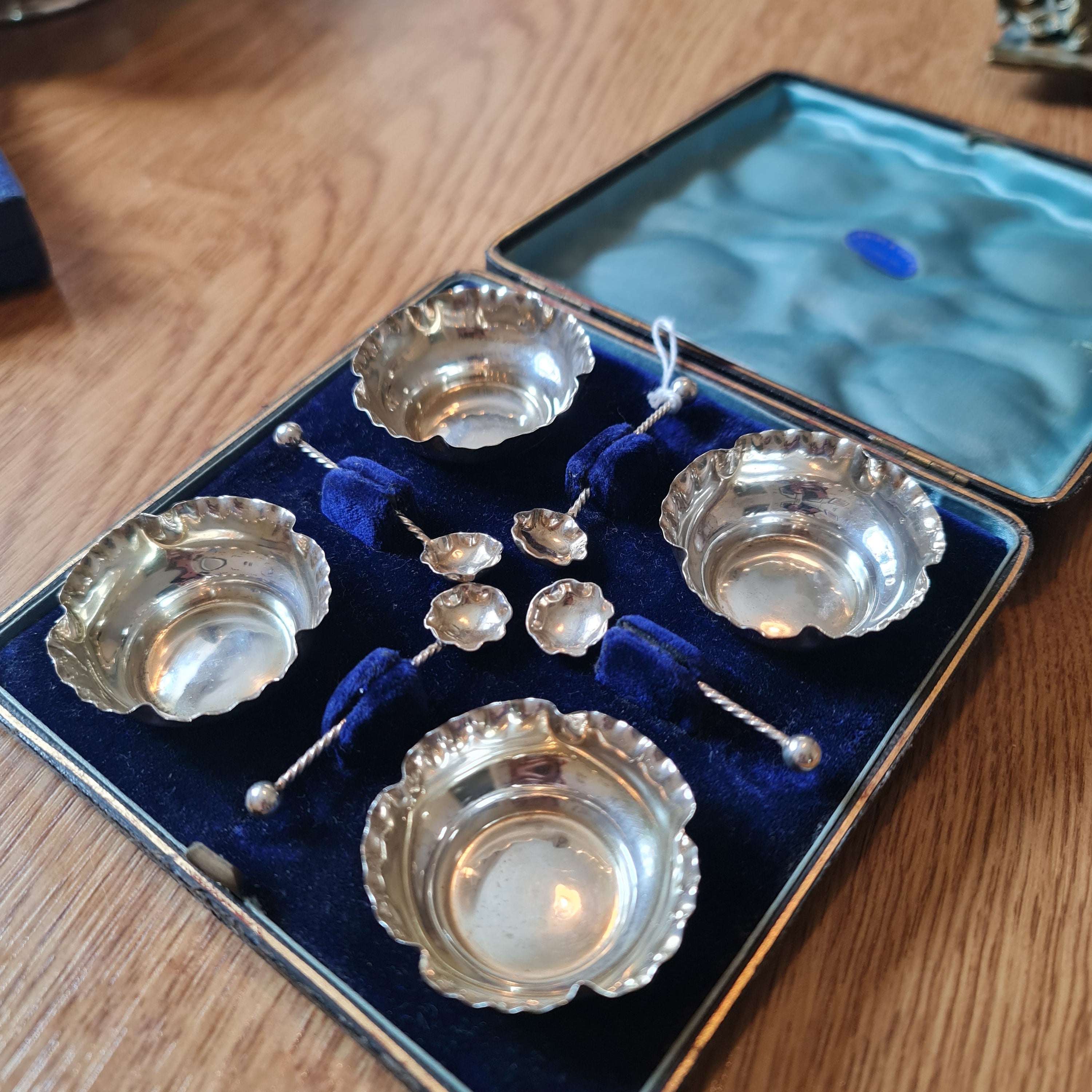 John Millward Banks 1893 Birmingham Hallmarked Sterling Silver, Gold Gilt Washed, Matched Boxed Set of four Cruet Dishes and Spoons.