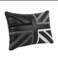 Union Jack patchwork cushion - handmade in UK - black leather / Harris tweet