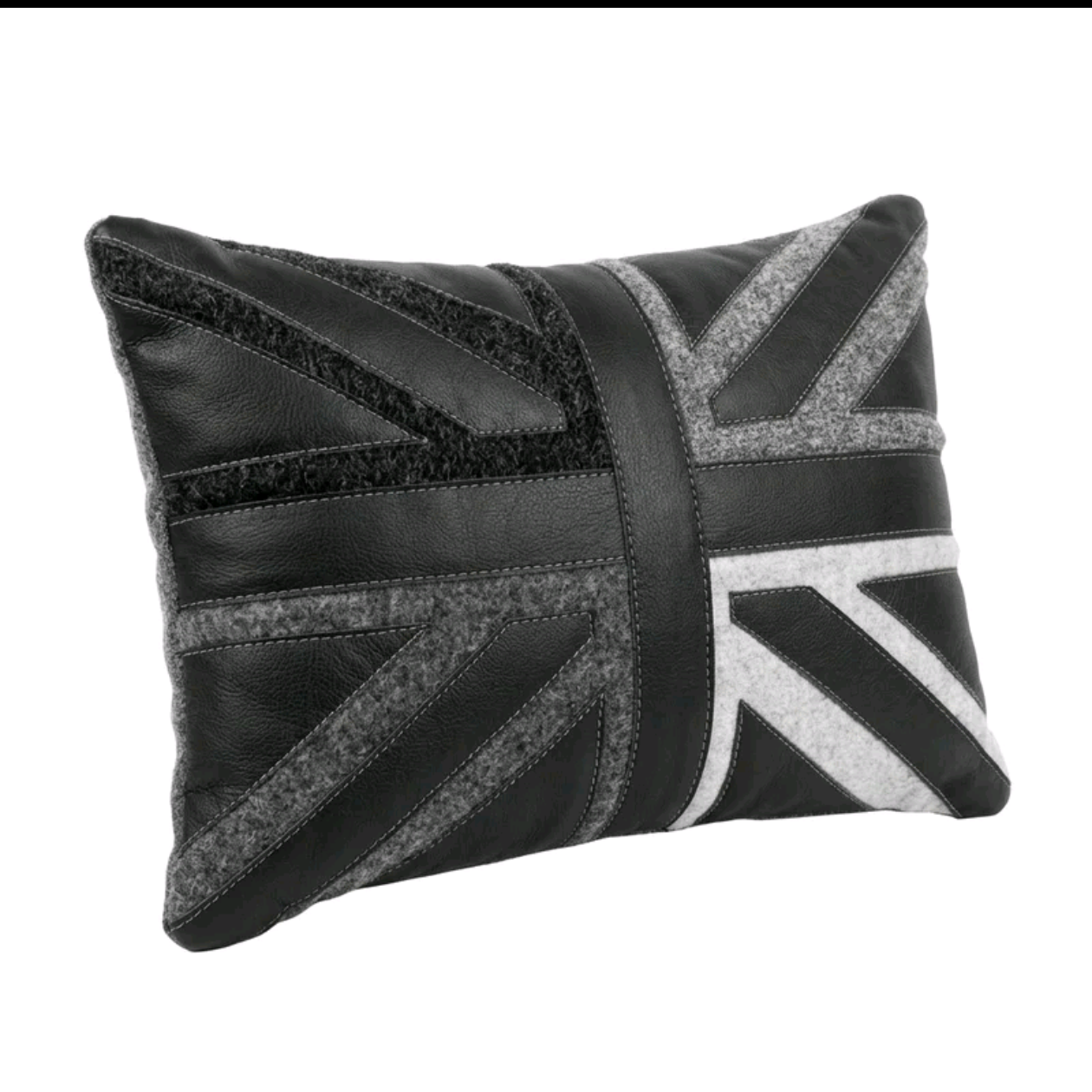 Union Jack patchwork cushion - handmade in UK - black leather / Harris tweet