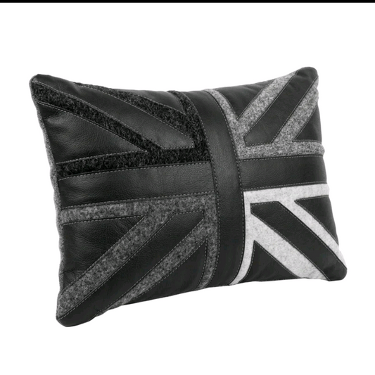 Union Jack patchwork cushion - handmade in UK - black leather / Harris tweet