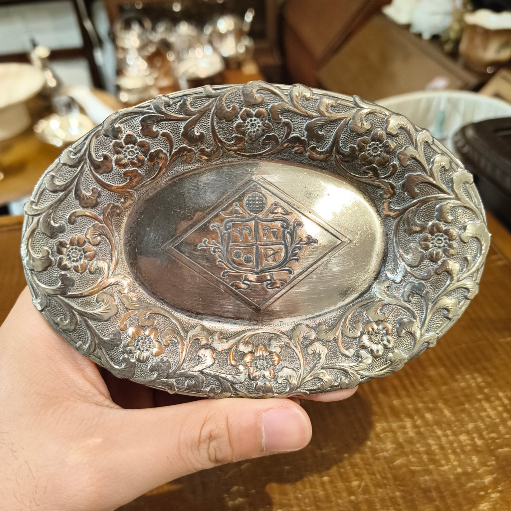 Vintage Silver-Plated Footed Trinket Dish with Embossed Floral Border and Center Crest