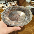 Vintage Silver-Plated Footed Trinket Dish with Embossed Floral Border and Center Crest