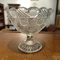 Vintage Clear Pressed Glass Pedestal Bowl – Scalloped Edge Diamond Cut Compote
