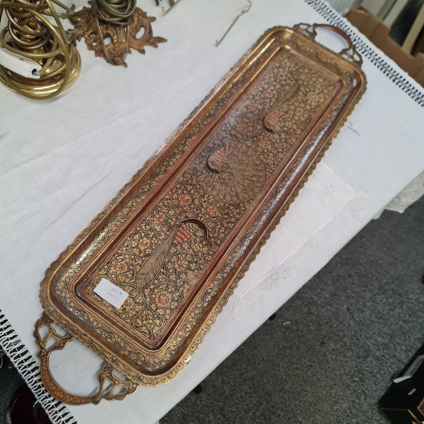Antique brass serving Tray with peacock design