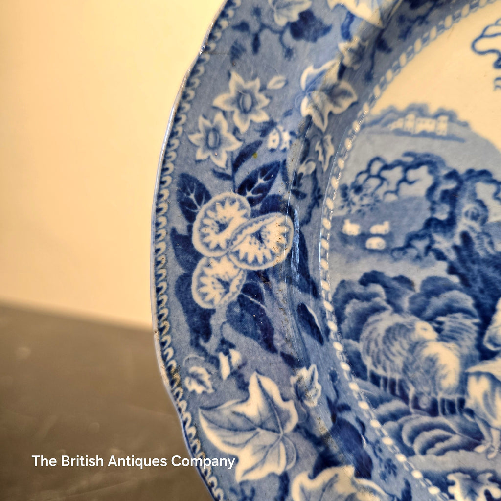 Antique Blue and White Transferware Plate - Pastoral Landscape with Floral Border