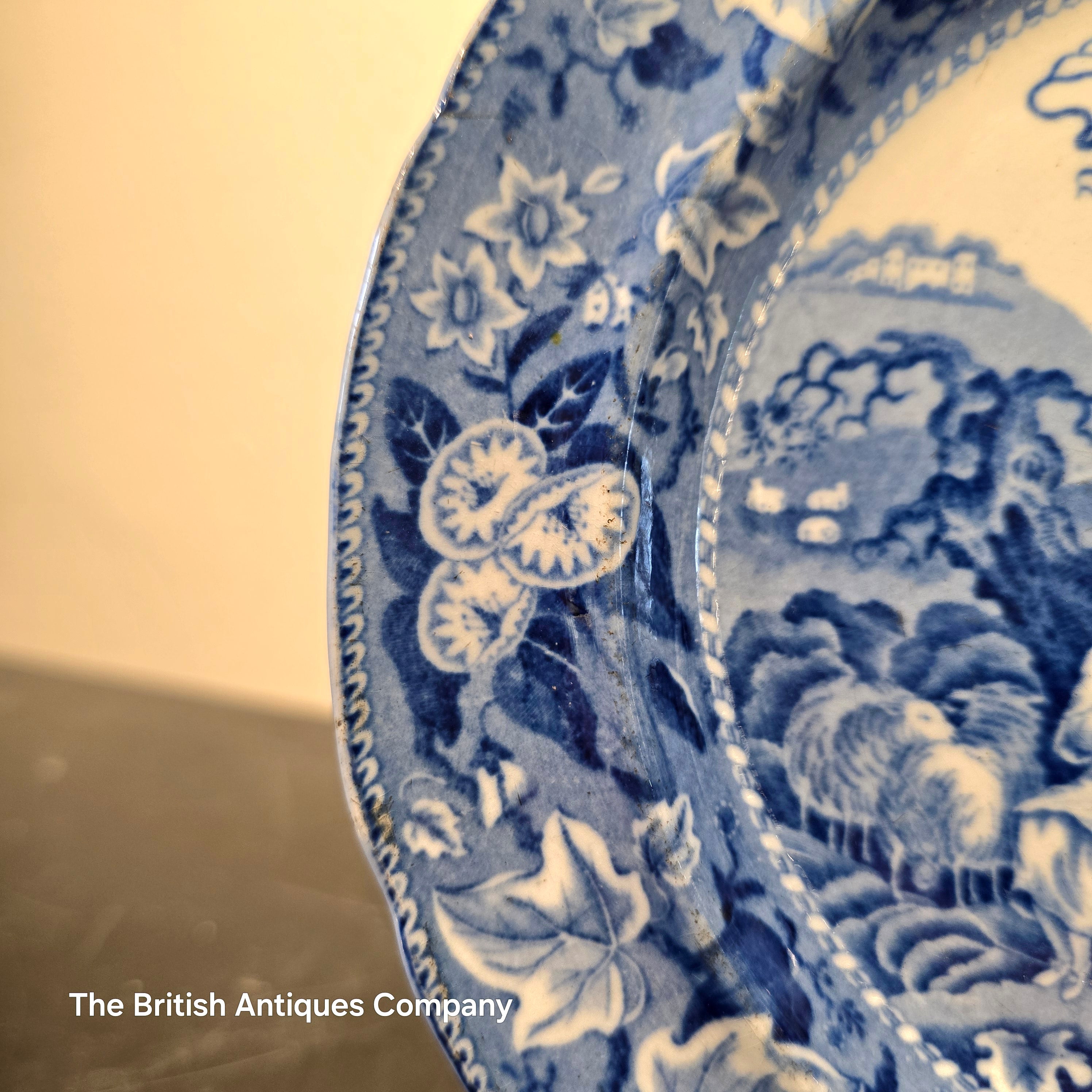 Antique Blue and White Transferware Plate - Pastoral Landscape with Floral Border