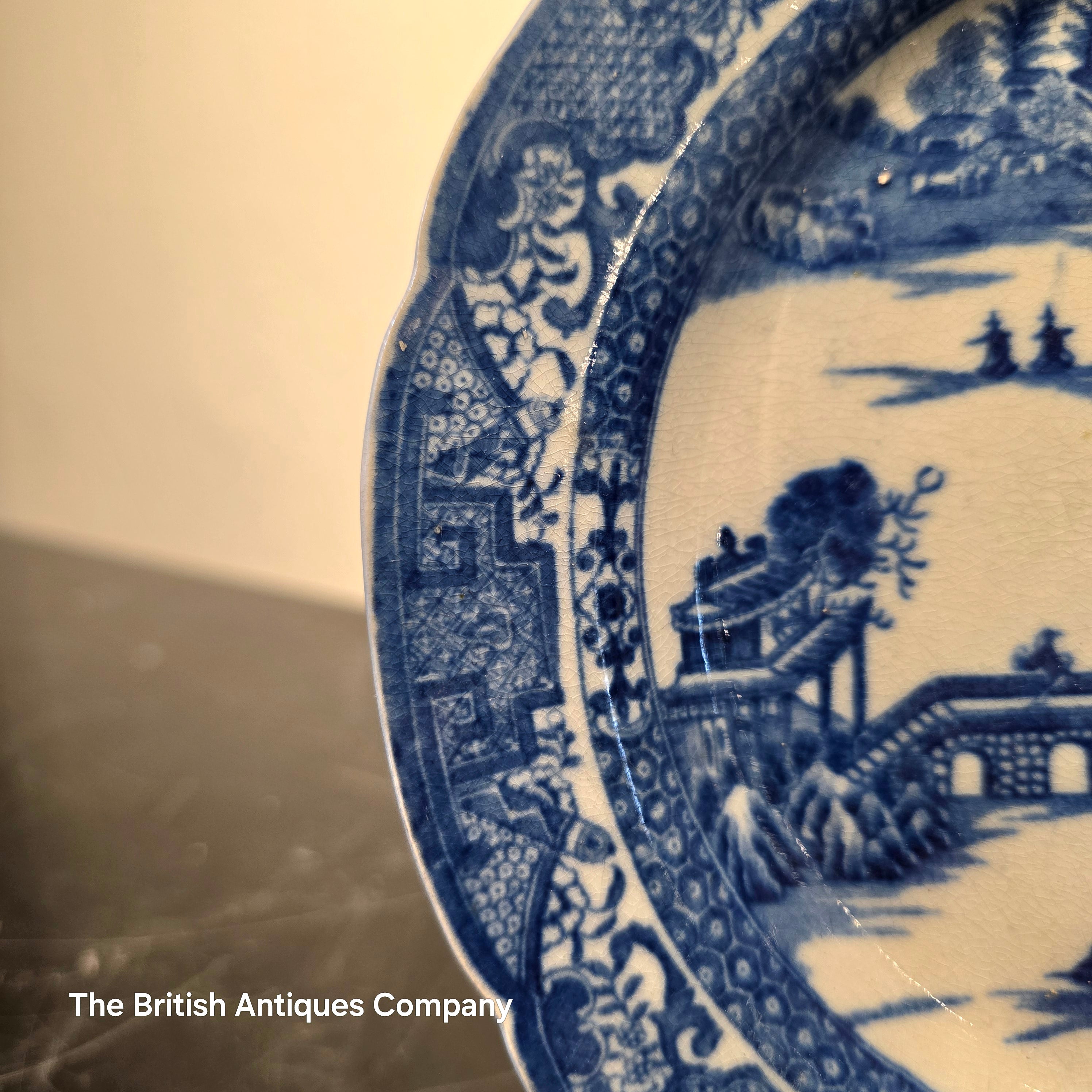 Antique Blue and White Scalloped "Willow Pattern" Dessert Plate