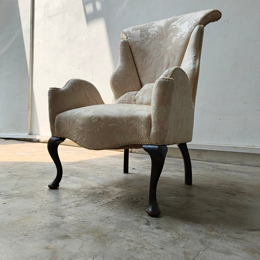 Traditional Antique Cream Damask Wingback Fireside Armchair