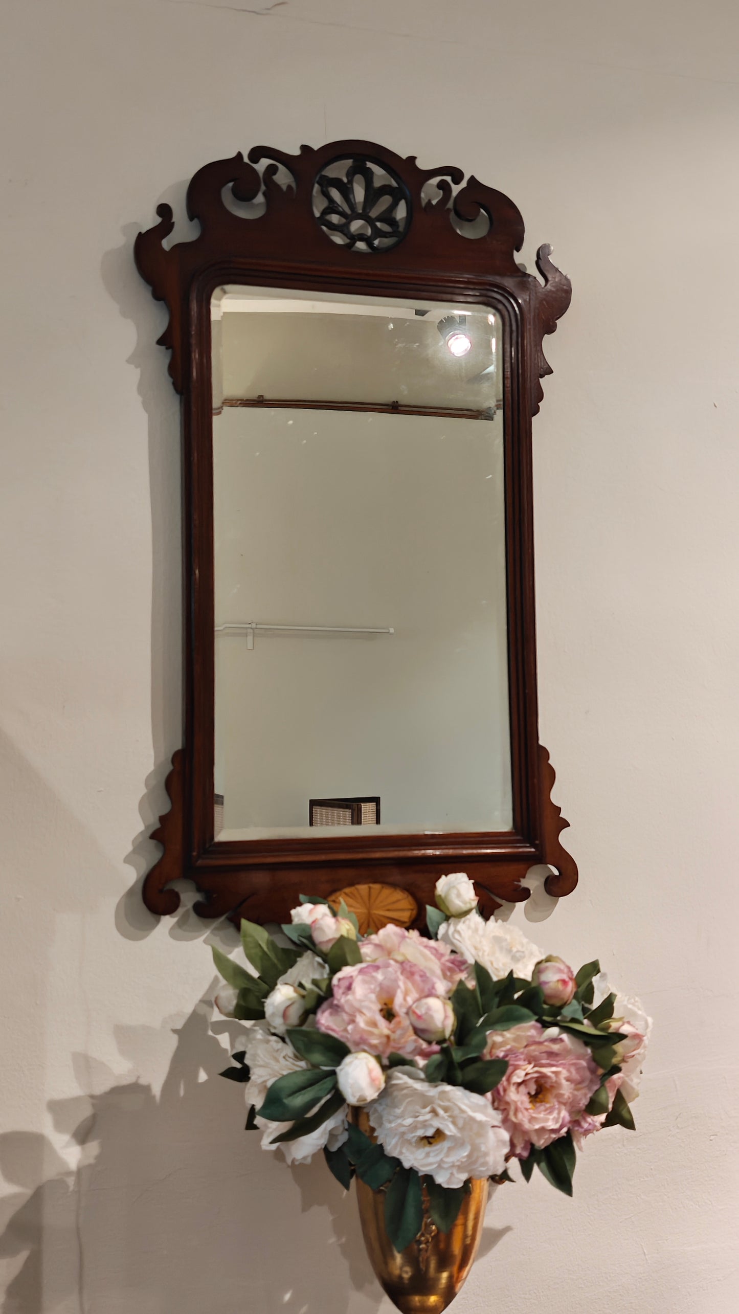 19th Century Mahogany Fret Mirror with Inlaid Shell Patera