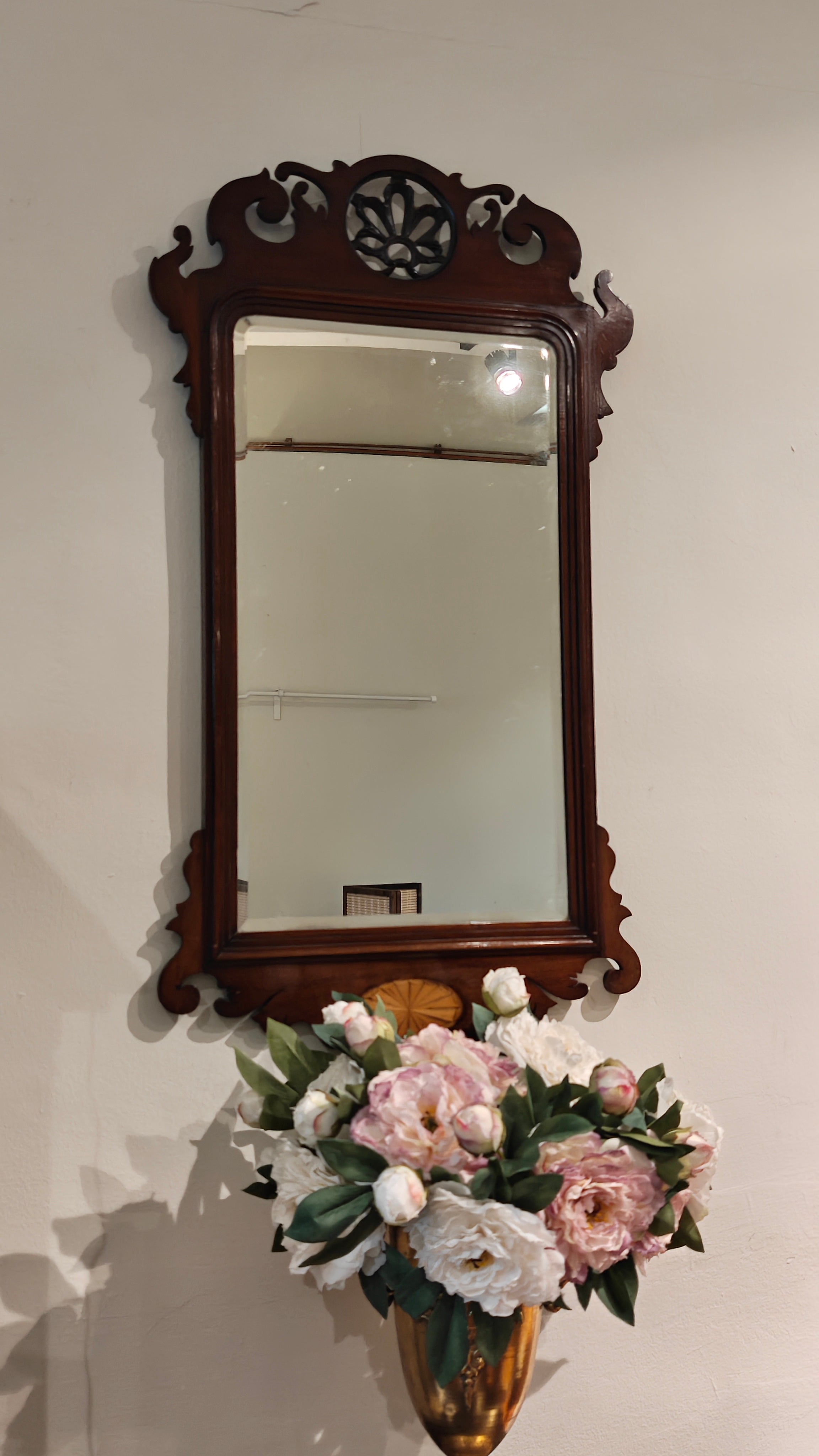 19th Century Mahogany Fret Mirror with Inlaid Shell Patera