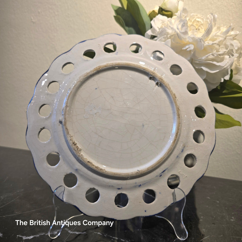 Hand-Painted Blue & White Faience Plate with Pierced Border and Floral Motif