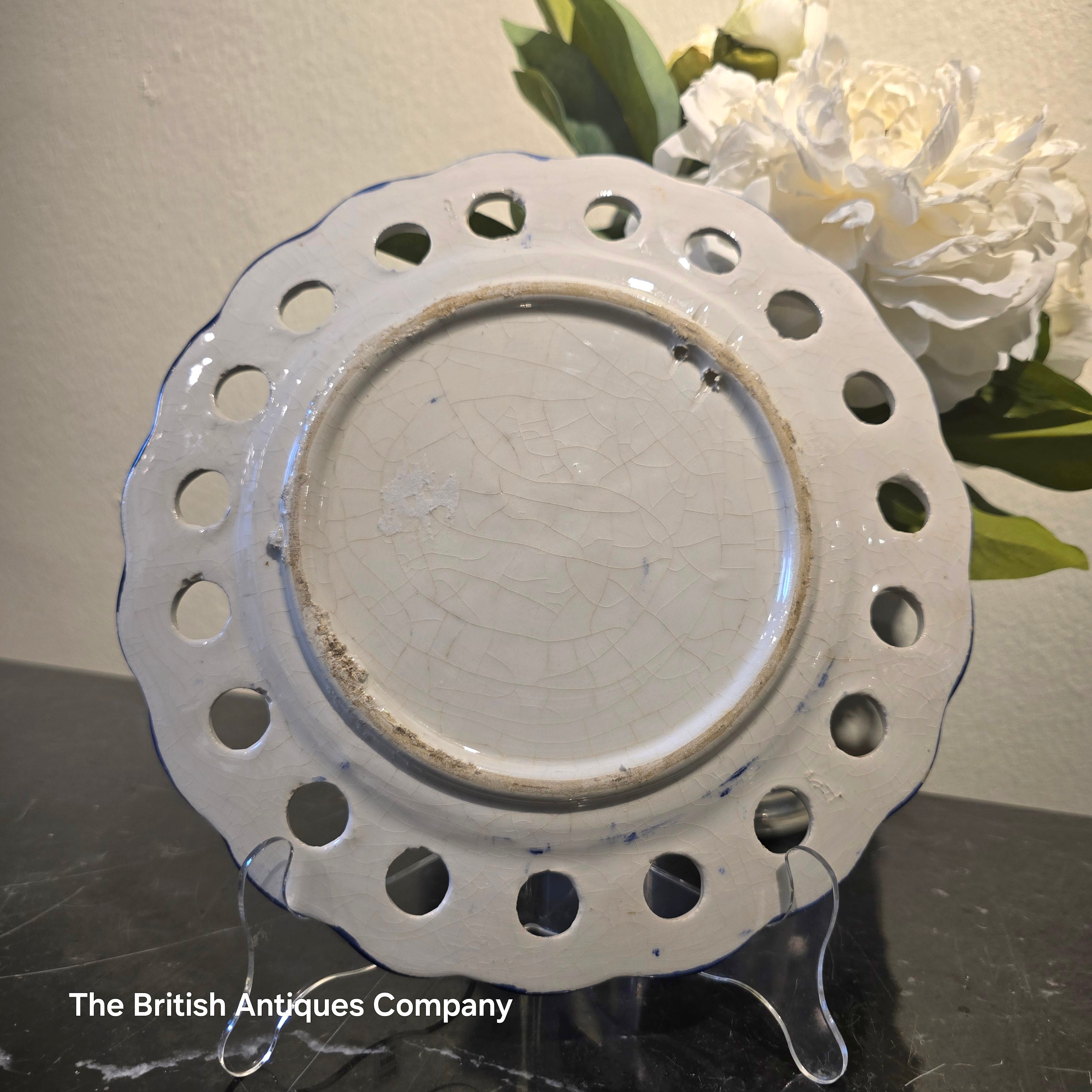 Hand-Painted Blue & White Faience Plate with Pierced Border and Floral Motif
