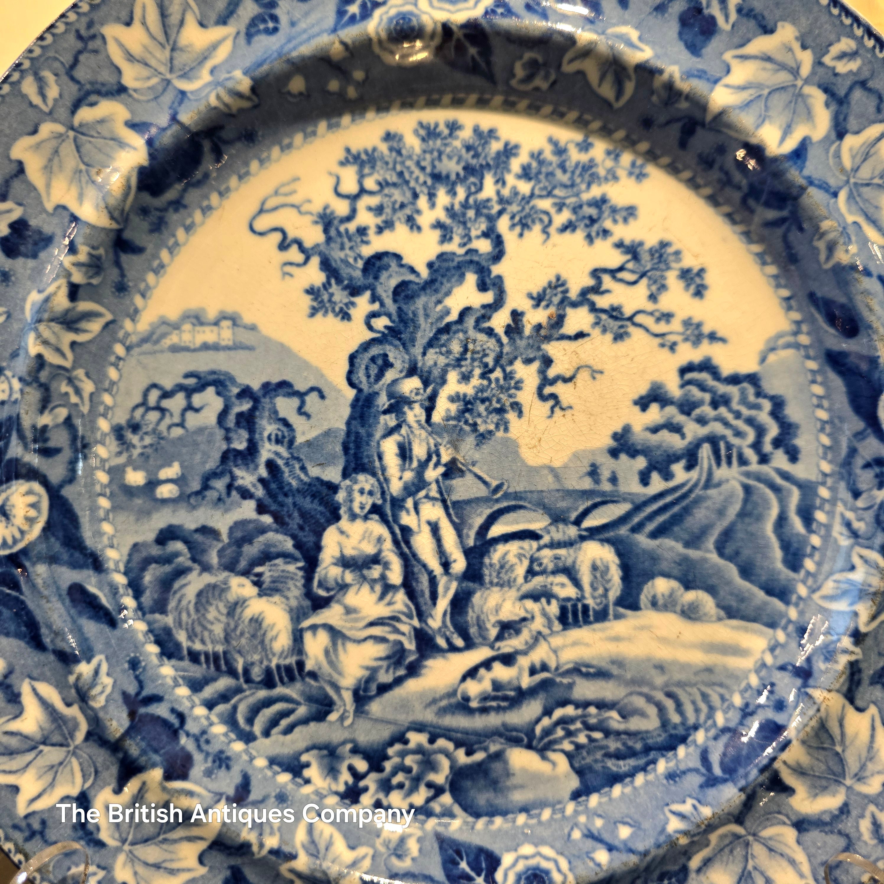 Antique Blue and White Transferware Plate - Pastoral Landscape with Floral Border
