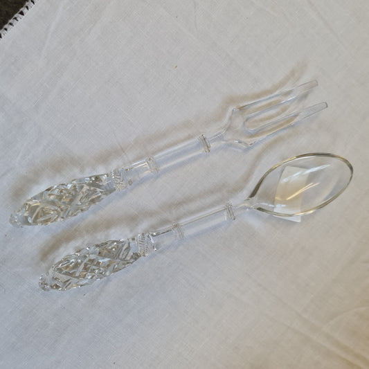A Pair of vintage glass salad serving  fork and spoon